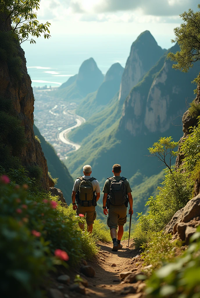 military man together with old blond friend , stark , medium straight hair hiking in the mountains of Rio de Janeiro