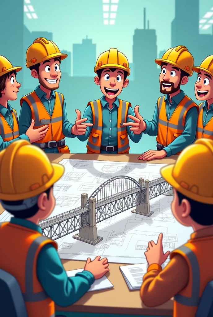 Generate me a group of engineers are gathered around a blueprint of a bridge, discussing the design. One engineer, Alex, points to a section of the bridge. Make it cartoon 
