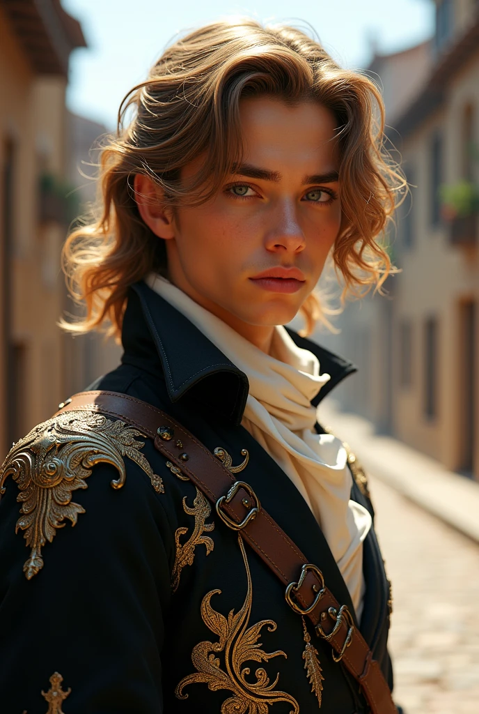 best qualityer (absurderes, details Intricate, work of art, best qualityer, high resolution, 8k), (male teenager with long light brown hair) (真实感), (musketeer clothes), (seducing gaze), (full body view) )details Intricate, face detailed, volumetric lighting, bright sunny, plein-air, Ruas medievais full body