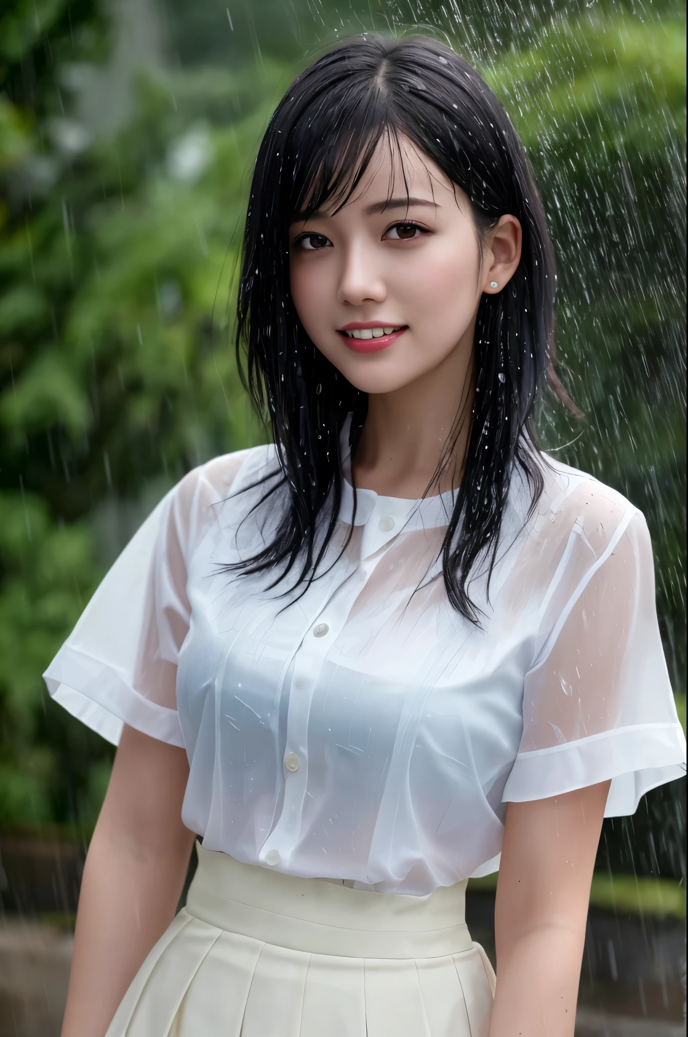 best quality, photorealistic, 8k, high res, 1girl, woman, (skindentation), (professional lighting), (portrait:0.6), (soaked White blouse, soaked Dark Skirt, ), gorgeous, (soaked short black hair:1), ((looking at viewer:1.5)), photorealistic, (bokeh), (dynamic pose:1.2), intense lighting to face area, lips, (teeth:1.3), smile, Dark Clouds, heavy rain, realistic rain effect