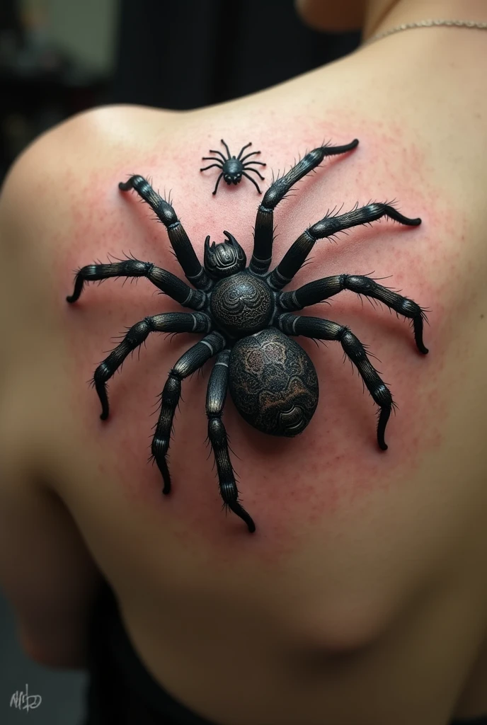 Tattoo of a spider climbing on the right side of the back with a realistic and dark style in small size With another spider