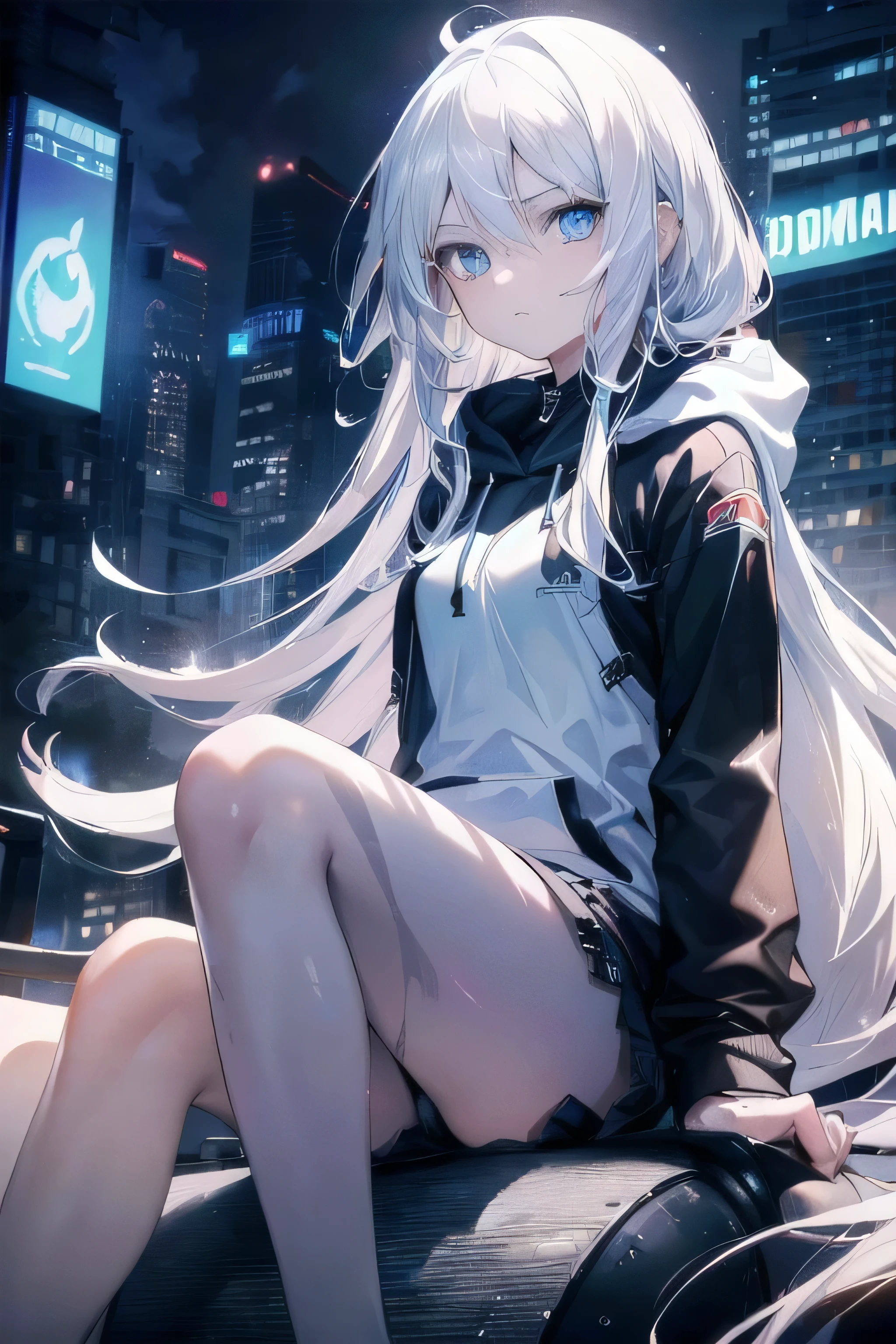 ((masterpiece)), ((best quality)), ((best illustration)), ((ultra-detailed)),((photorealistic color)), 1 lady, solo, teenager, absurdly long hair, white hair, straight hair, ((blue eyes)), ((ultra detailed eyes)), ((ultra detailed face)), gloomy, hoodie, thin body, thin arms, long arms, urban, night, sitting on motorcycle, backlight