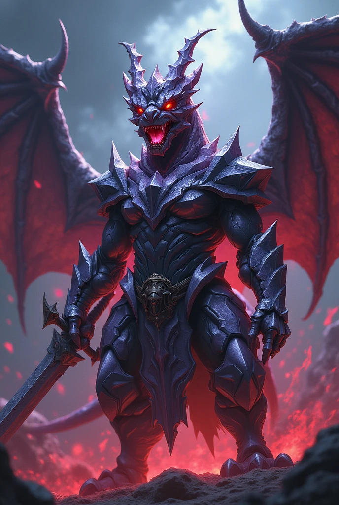 Create a terrifying version of a white anthropomorphic dragon made of crystals with dragon-themed paladin armor and a mystical appearance. For the scary version, emphasize darker, more intense elements of the skin. Use background, ominous colors like dark purples, black, and reds. Highlight strong tones, menacing features like fierce, shiny dragon scales, Malevolent Eyes. Add dramatic effects like stormy or fiery energy around you and make your sword look more formidable and menacing. Make sure your dragon motifs and armor look more intimidating, jagged appearance to enhance the overall frightening presence