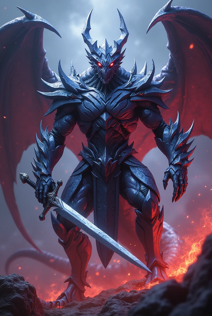 Create a terrifying version of a white anthropomorphic dragon made of crystals with dragon-themed paladin armor and a mystical appearance. For the scary version, emphasize darker, more intense elements of the skin. Use background, ominous colors like dark purples, black, and reds. Highlight strong tones, menacing features like fierce, shiny dragon scales, Malevolent Eyes. Add dramatic effects like stormy or fiery energy around you and make your sword look more formidable and menacing. Make sure your dragon motifs and armor look more intimidating, jagged appearance to enhance the overall frightening presence