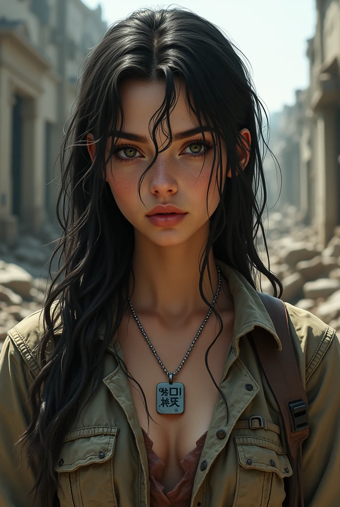 create the image of a young woman with long dark hair and dirty clothes with a dog tag around her neck