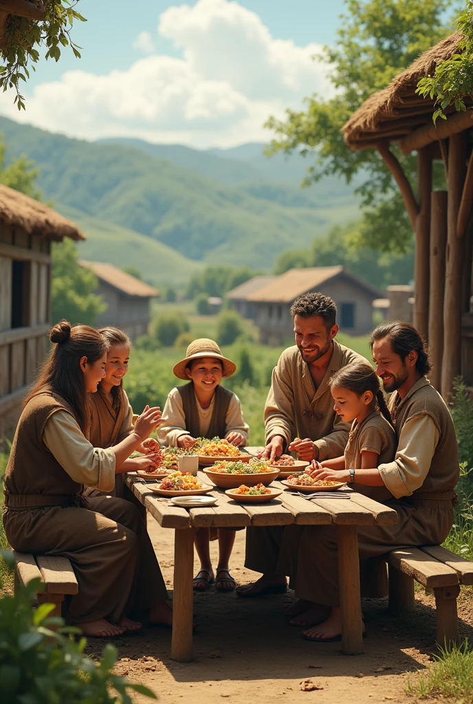Create an image with ancient farmers, sitting at a table having dinner with your family, Men, women and children.