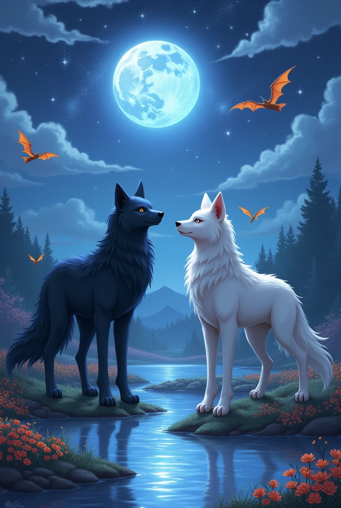 pokemon of moon and another of sun black wolf and another white with dragons and lakes at night

.
