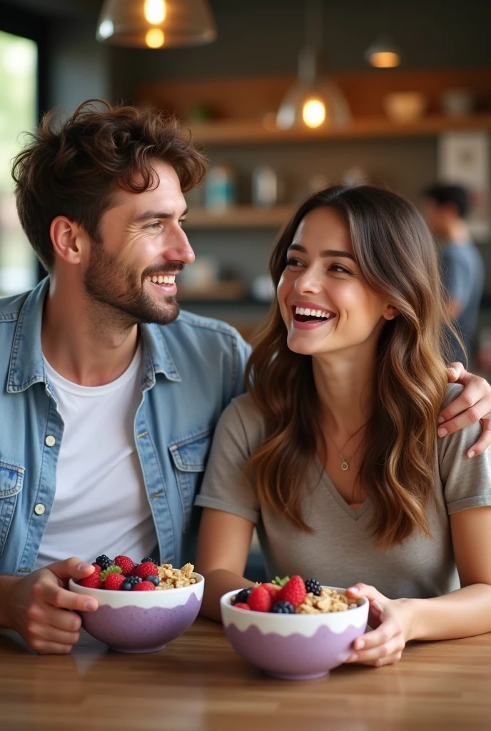 Realistic man and wife 25-35 years old, At the acai shop ,brown hair eating acai , with friends Ultra HD, high qualiy, best qualityer, high resolution, 8k, 16K