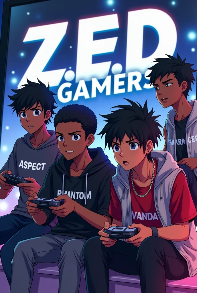 4 teenage boys,all 4 boys black skinned, all wearing black skin jeans,one boy with a black t-shirt written ASPECT on it ,one boy in a grey hoodie written PHANTOM on it ,one boy with a red t-shirt written VANDA on it,one boy with a white vest written EVOLUTION on it,all boys with different hair styles ,a big poster saying Z.E.D GAMERS, each one holding game controllers, anime style
