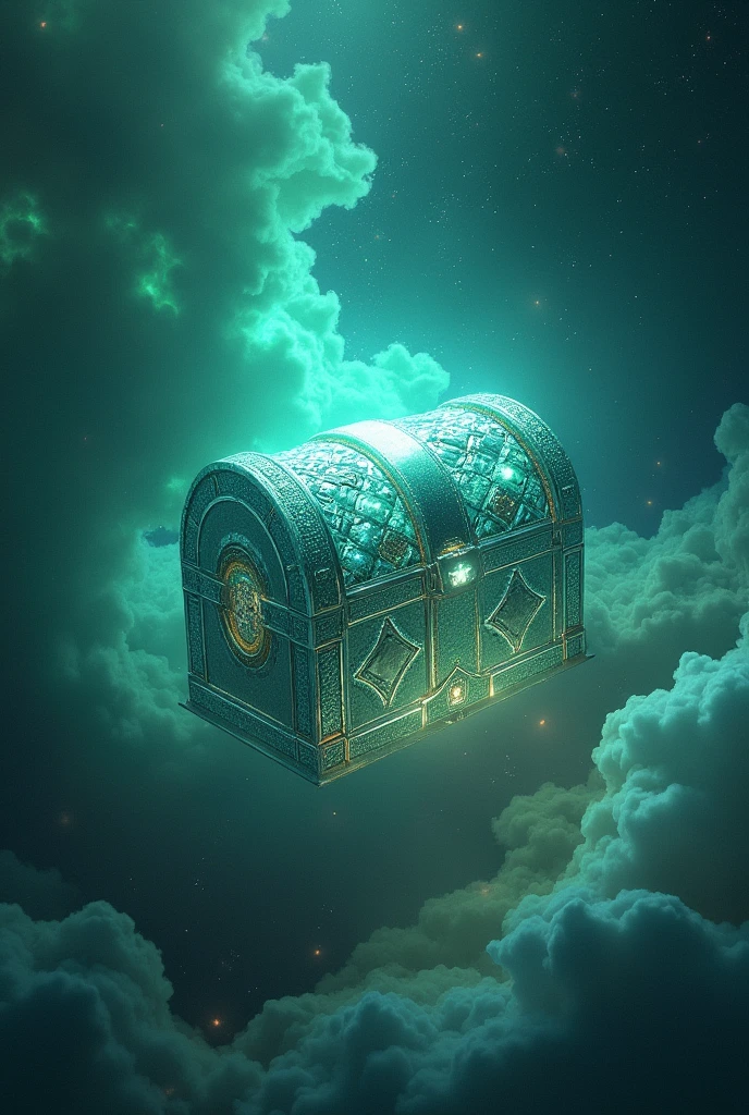 Create an image of a diamond chest With a green background of galaxies
