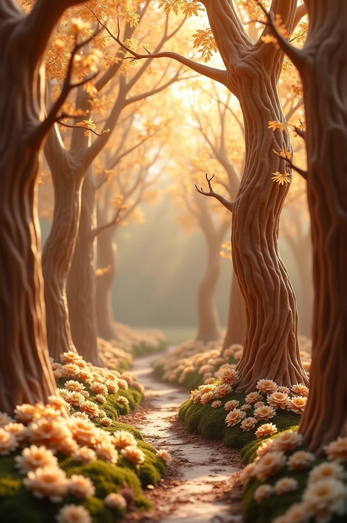 A giant forest with trees whose leaves are made of white chocolate and whose trunks are made of milk chocolate