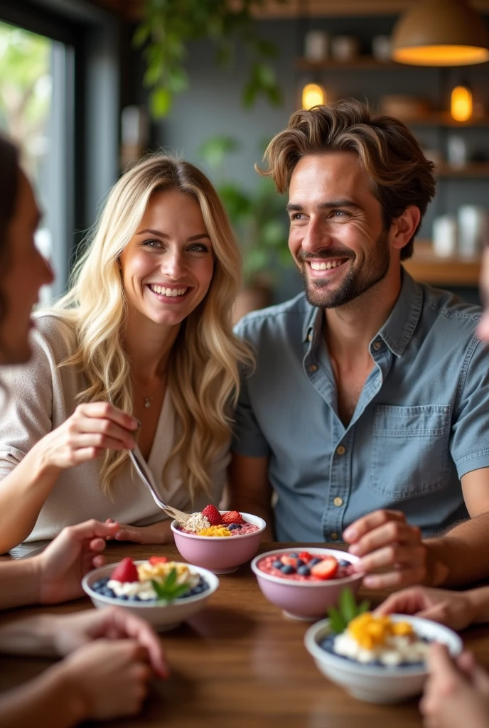 Realistic man and wife , At the acai shop ,blonde hair eating acai , with friends Ultra HD, high qualiy, best qualityer, high resolution, 8k, 16K
