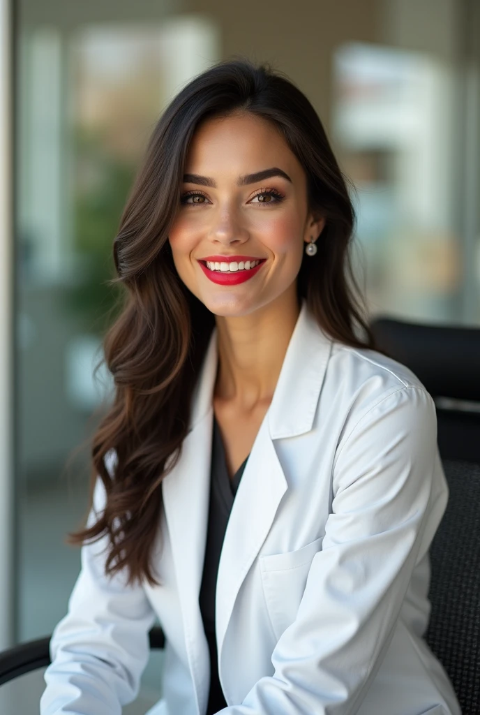 young woman, dark brown hair, brown eyes and striking red lipstick, fair skin and well-defined eyebrows, with the background of a Nutrition office, she is sitting on the chair and wearing a white coat