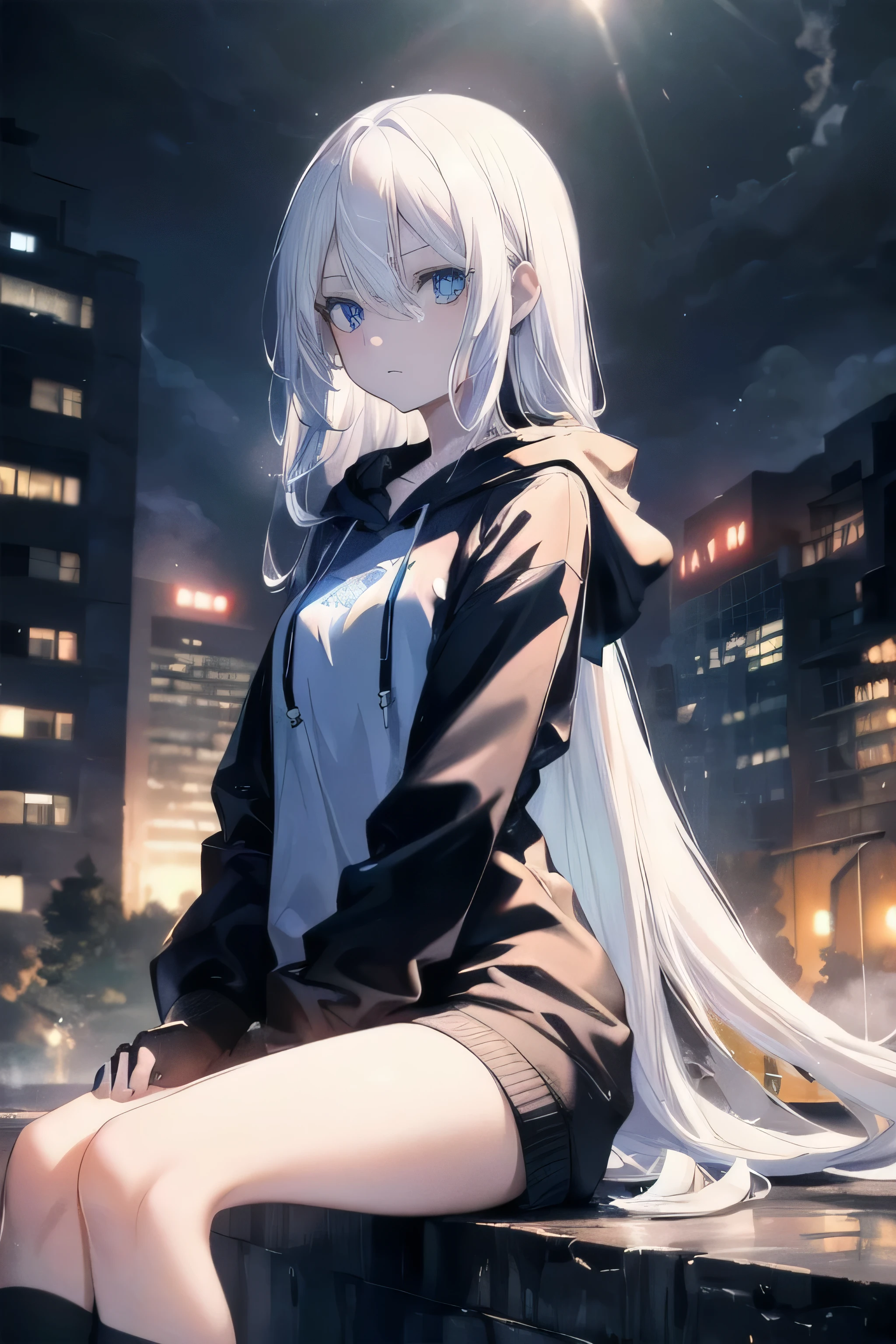 ((masterpiece)), ((best quality)), ((best illustration)), ((ultra-detailed)),((photorealistic color)), 1 lady, solo, ager, absurdly long hair, white hair, straight hair, ((blue eyes)), ((ultra detailed eyes)), ((ultra detailed face)), gloomy, hoodie, thin body, thin arms, long arms, urban, night, sitting on motorcycle, holding a pistol, backlight