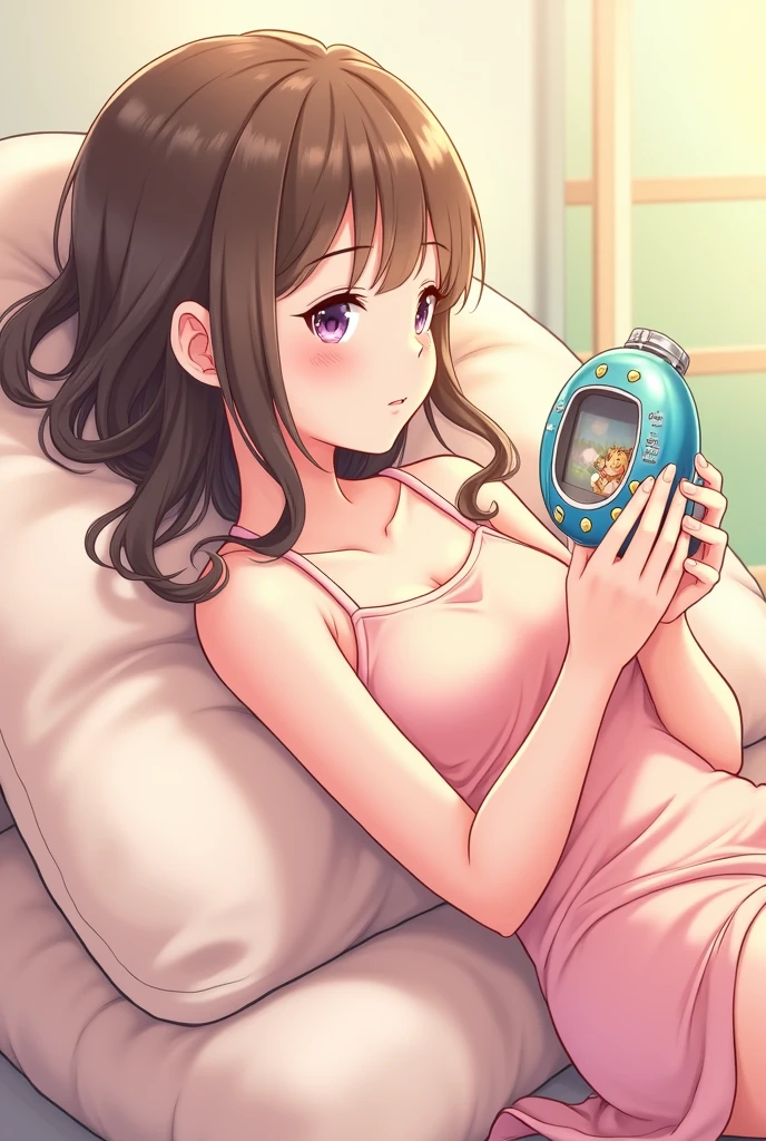 cute hd anime woman laying on her back with a tamagatchi in her hands smiling at it with a nice background. you can only see her profile and her legs and arms are showing