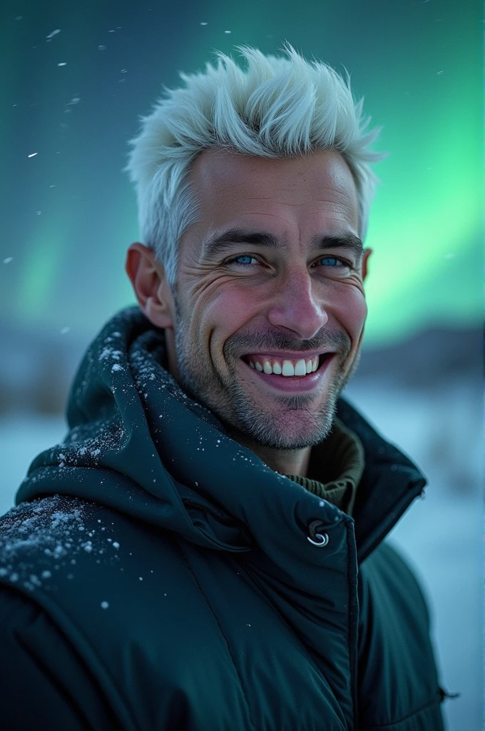 a tall and strong man, hair as white as snow, with tanned skin, a beautiful smile, fleshy lips, dark blue eyes with bright dots that resemble the starry sky. With the Northern Lights in the background