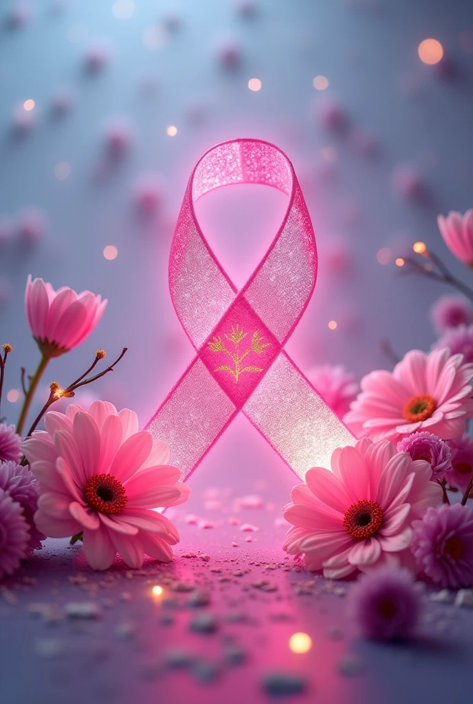 Create a vibrant and emotionally impactful image for Breast Cancer Awareness Month. In the center, place a pink ribbon, the universal symbol of the fight against breast cancer, softly illuminated by a soft glow. Surround the ribbon, integrate a mix of delicate flowers, such as roses and lilies, which symbolize hope and resilience. Add a background that conveys a sense of serenity, with soft shades of blue and lavender. Incorporate a subtle pattern of stars or twinkling lights to represent the strength and inspiration of survivors and those fighting the disease. Include the phrase 'Together in the Fight Against Cancer' in a color that contrasts well with the background, such as a light shade of gold or silver, in a neat, readable font. The image should convey a sense of hope, solidarity, and strength, with an artistic quality that captures attention and inspires action and awareness."