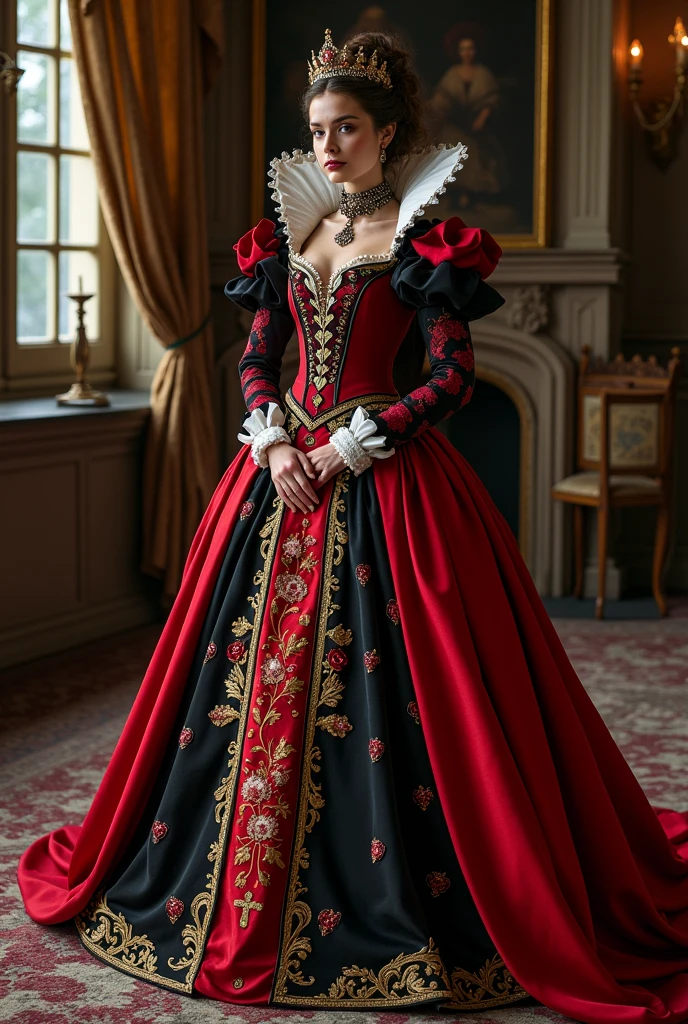 I want you to create a sketch of a dress inspired by the Queen of Hearts, with a style that mixes medieval and princess elements, suitable for a gala event. The dress will have details that refer to the theme of Alice in Wonderland, with colors characteristic of the Queen of Hearts, like red, black white and gold and details that are simple