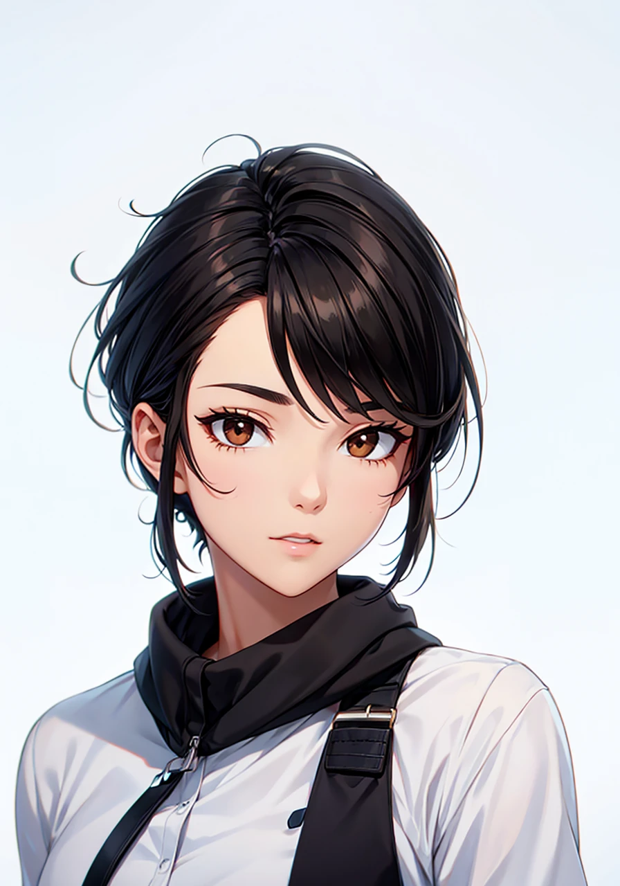 black hair, Brown eyes.