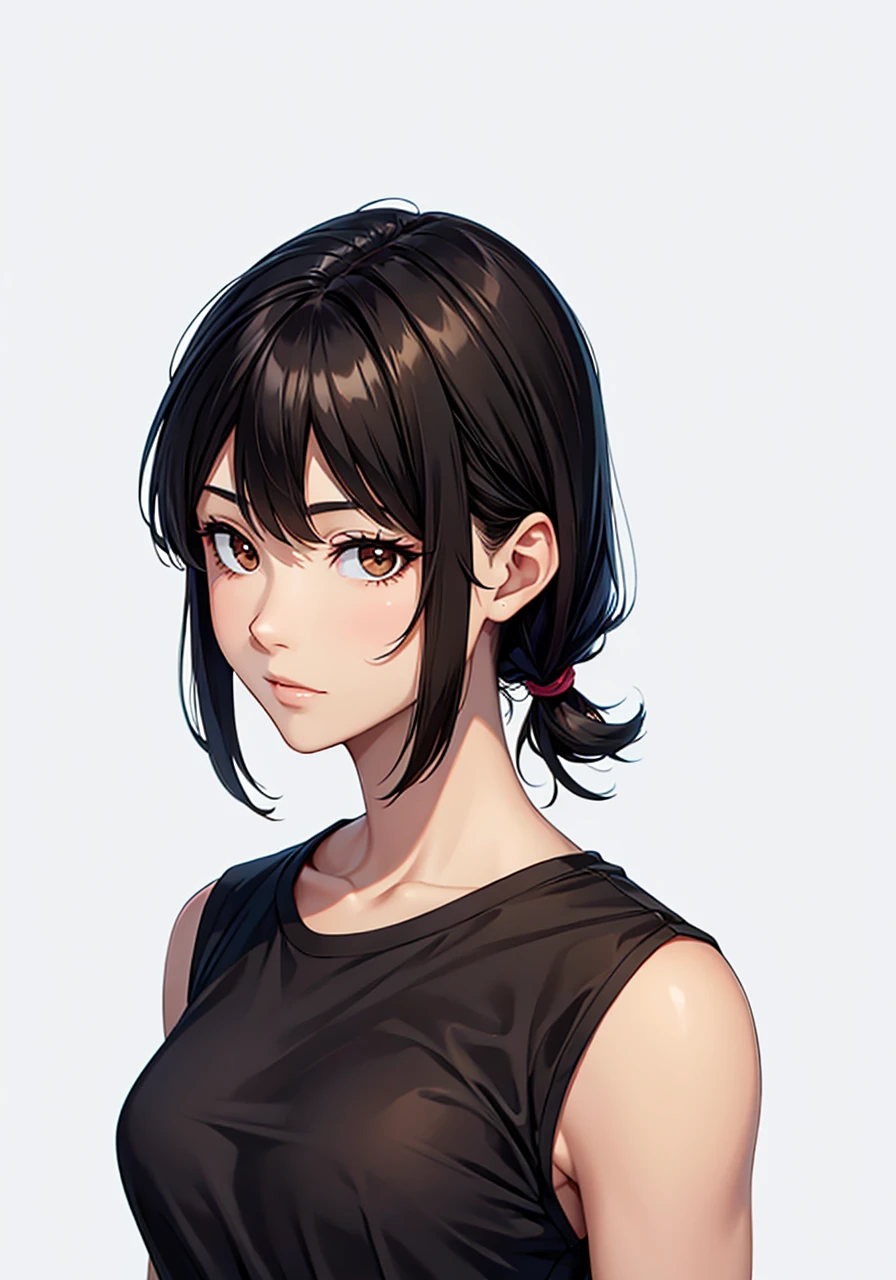 black hair, Brown eyes.