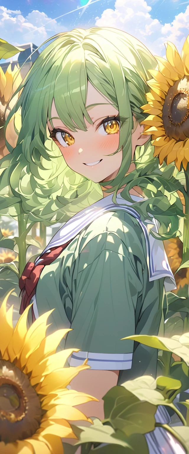 masterpiece, high definition, anime girl, long green hair, yellow eyes, cute anime girl, summer school uniform, smiling face, ((Sunflowers)), fractal art, Gwaiz, greenhouse background