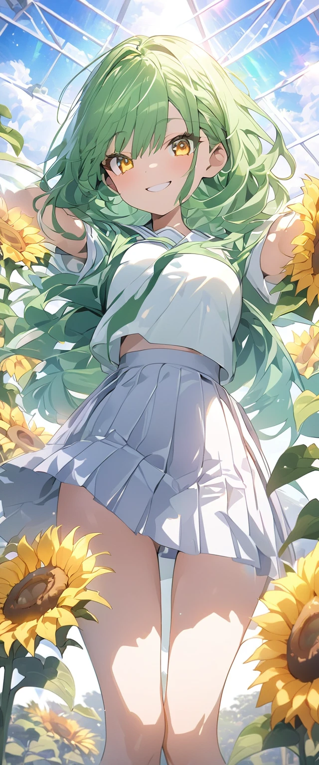 masterpiece, high definition, anime girl, long green hair, yellow eyes, cute anime girl, summer school uniform, smiling face, ((Sunflowers)), fractal art, Gwaiz, greenhouse background