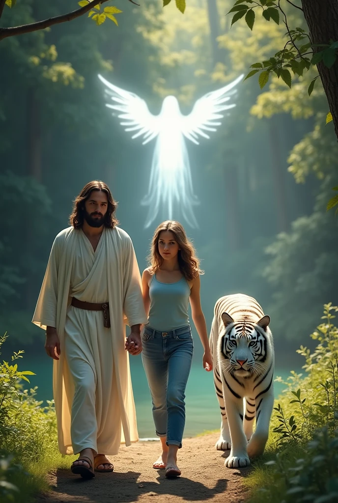 JesusChrist, Our Lady of Fatima and a woman with blue eyes and brown hair but with light highlights wearing jeans and a light blue tank top, deep in a forest near a lake, where they are looking at each other and walking hand in hand happily while their white tiger friend accompanies them. With a backlight in the shape of a flying angel, not very big