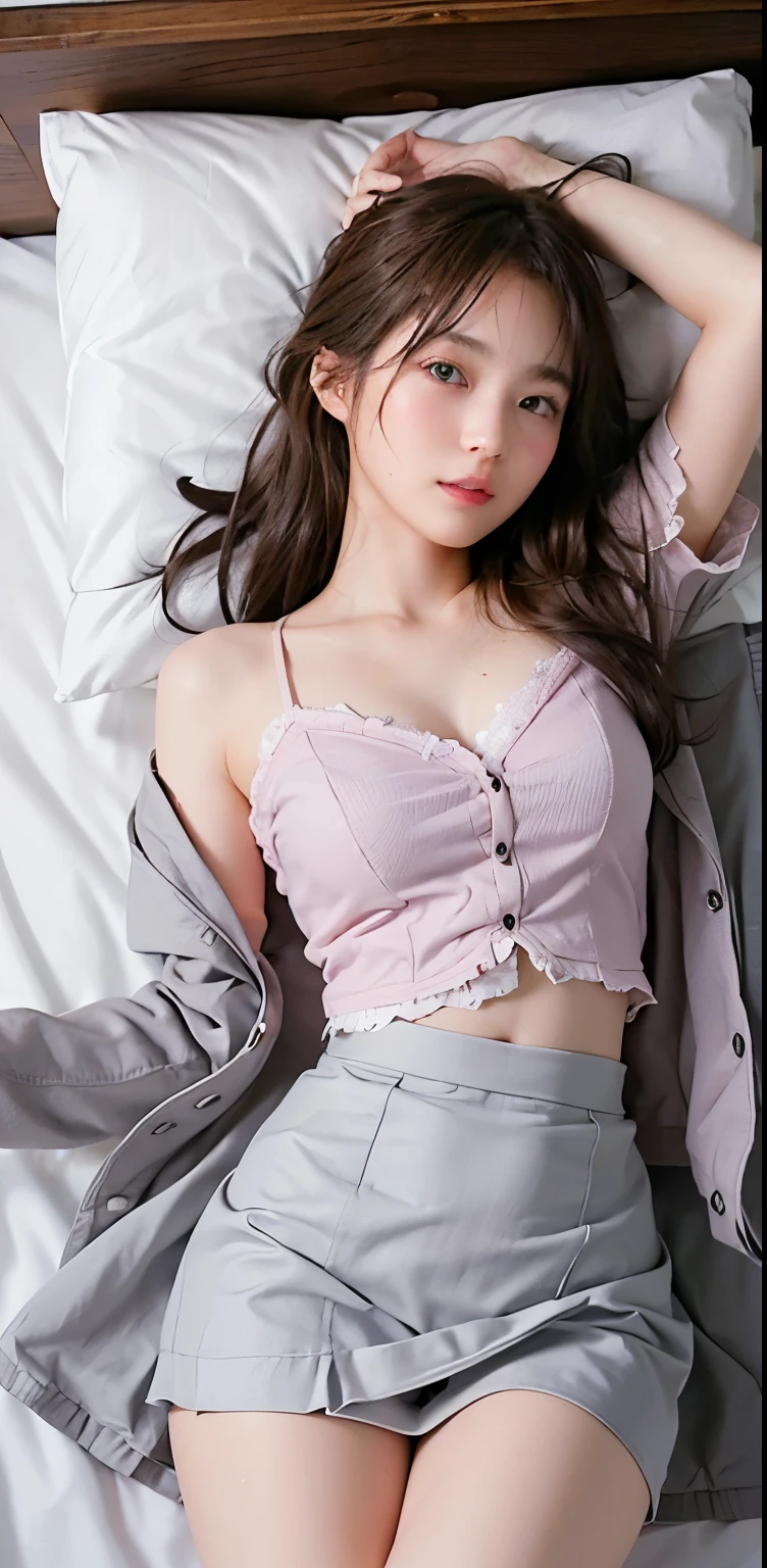 ((highest quality、table top、8k、best image quality、very intricate and detailed details))、1 female、lying on the bed、(Please sleep on your back:1.3)、(supine position in bed:1.3)、(lying face up on the bed:1.3)、(Shooting the upper body from directly above:1.3)、(perfect anatomy:1.3)、(look at me perfectly、slightly narrowed eyes、perfect eyes、expression of climax :1.3)、(Skin shiny with sweat、perfect sweat、wet and shiny skin:1.05)、(dark night、romantic lighting、slight night light illumination、late night bedroom)、、woman upskirt and Showing pink panties,detailed panties,detailed frilled panties showing, 、tall、Brown hair、,sweat,wet skin,((1boy)), beautiful, masterpiece, best quality, extremely detailed face,perfect lighting,penis, (((sex))), , 8k uhd, dslr, soft lighting, high quality,detailed skin,blurry,(cross-eyed:1.2),(((woman is wearing gray jacket and tight skirt)))、, 、tall、Brown hair、,sweat,wet skin,((1boy)), beautiful, masterpiece, best quality, extremely detailed face,perfect lighting,penis, (((sex))), , 8k uhd, dslr, soft lighting, high quality,detailed skin,blurry,(cross-eyed:1.2),fullbody,((gray jacket tops and tight long skirt)),from side,(((pink slim and tight long skirt))),(((pencil skirt)))