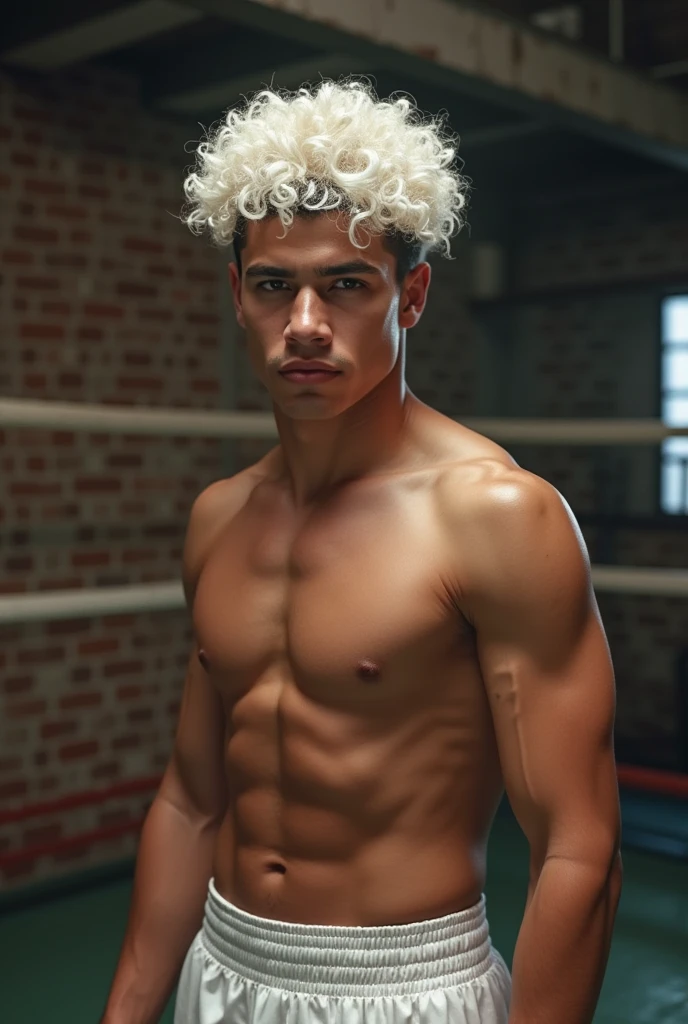 Young Mexican boxer with white curly hair and white shorts