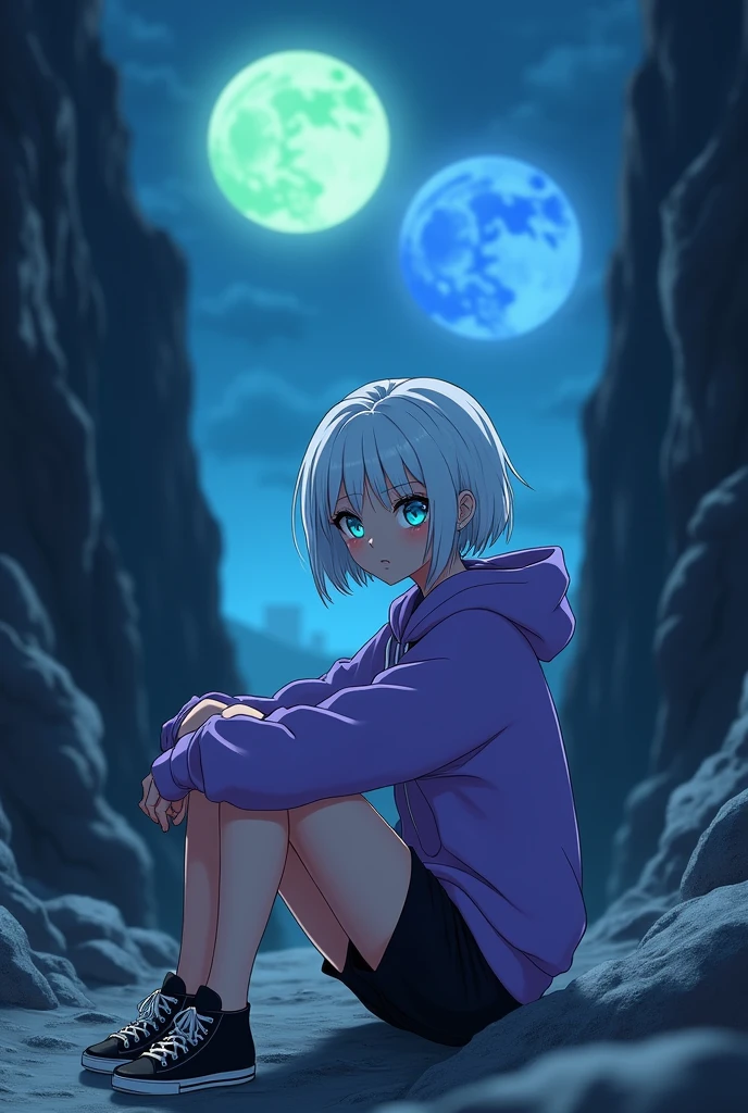 animated style, young adult woman, with Heterochromia in the eyes(one blue and one green), short white hair.
The image shows a melancholic aura.
sitting in a ravine.
He is wearing black shorts, an oversized purple hoodie and black tennis shoes.
In the background there are 2 moons( one blue and one green).