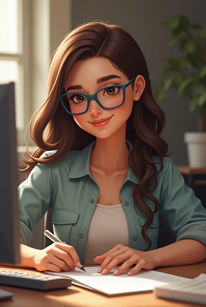 A brunette woman, with long dark brown hair parted on the side , wearing reading glasses with a half-rectangular frame in blue and black, with small dark brown eyes , with thick and well-defined eyebrows, with a round face and big cheeks,  square jaw, wearing casual clothes, working on a computer, happy and satisfied facial expression with what you do at work, holding a stamp in one hand 