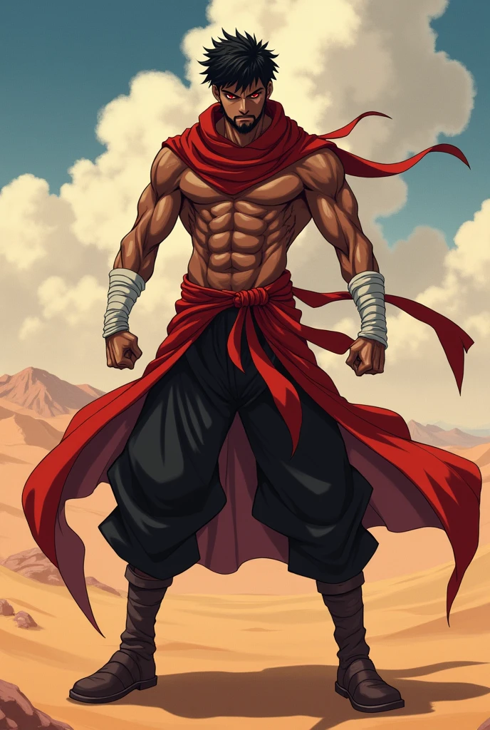 An anime character:
male gender, black short hair, short beard, Eyes red, dark brown skin.
Wears white bands tied around his arms.
His clothes are red and black in color., leather boots, long red scarf.
is in a fighting position.
the background is in the desert.