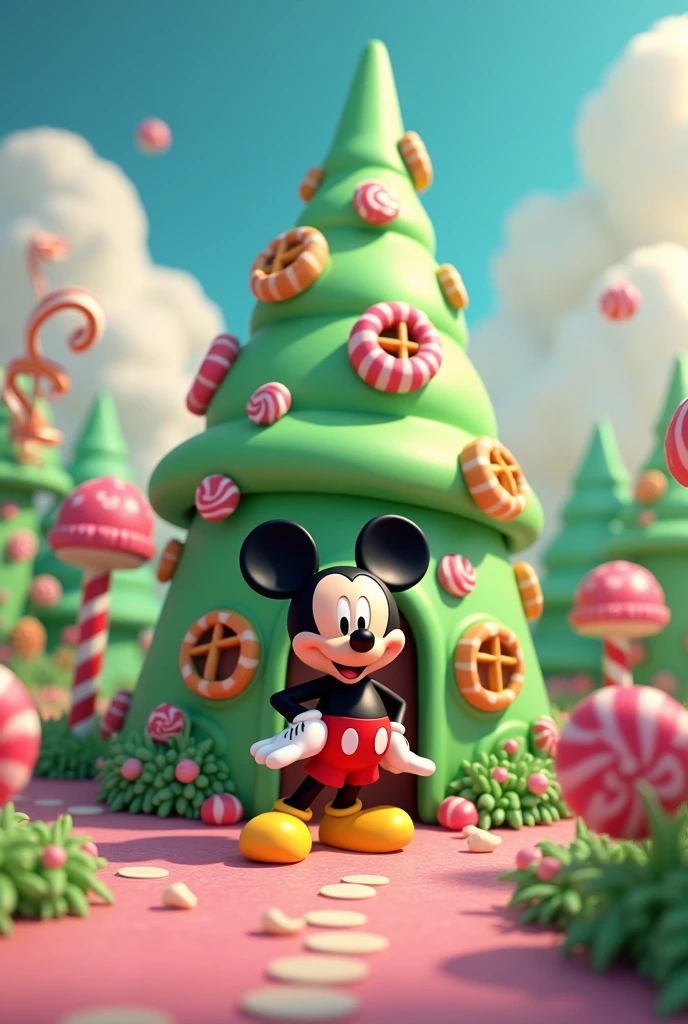 Create Mickey in front of a green candy house
