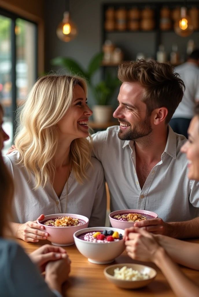 Realistic man and wife , At the acai shop ,blonde hair eating acai , with friends Ultra HD, high qualiy, best qualityer, high resolution, 8k, 16K