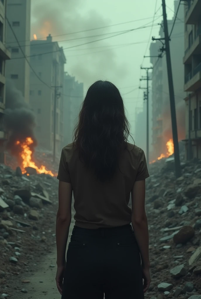 I don&#39;t have the family I have, a woman from behind seeing a scene of destruction that represents murder, fear, Segredos . But it&#39;s all in your head(Cover for a book)