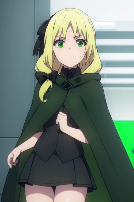 olo, 1girl, esther rosenthal, smile, long hair, blonde hair, (green eyes:1.5), mole, mole under eye, black ribbon, black bow, hair ribbon, skirt, black cloak, cape, best quality, city 