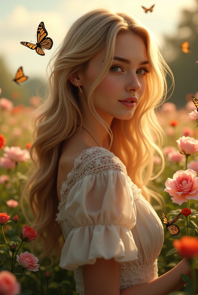 Add butterflies and flowers, same girl but with blonde hair