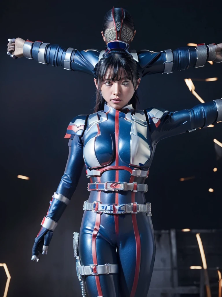 Highest quality,masterpiece,Ultra-high resolution, Very detailed, 8k,(Beautiful woman),Beautiful 25-year-old Japanese woman:1.5,Black hair ponytail、((Crucifixion)),torture,slave,((クロスにCrucifixionにされた女性:1.5)),Crucifixion刑,(((Shiny blue and white futuristic hero suit))), (Blue and white shiny hero suit, Big Breasts、Voluptuous body)、Torn Costume、(((Dirty outfit)))、((Torn Costume)), ((Scream with a look of pain)), (((A body covered in scars))),Military Harness,