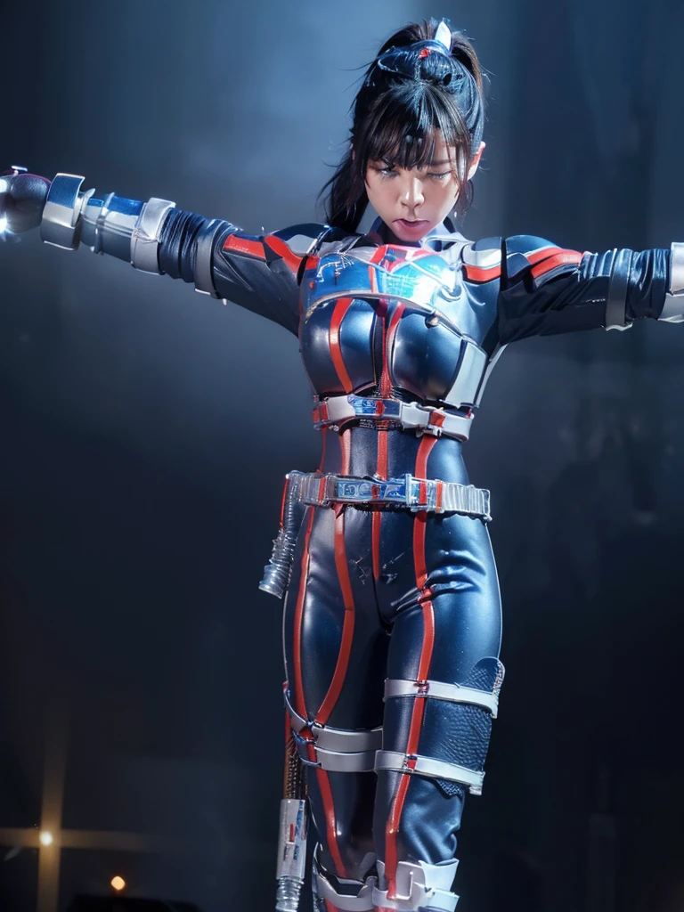 Highest quality,masterpiece,Ultra-high resolution, Very detailed, 8k,(Beautiful woman),Beautiful 25-year-old Japanese woman:1.5,Black hair ponytail、((Crucifixion)),torture,slave,((クロスにCrucifixionにされた女性:1.5)),Crucifixion刑,(((Shiny blue and white futuristic hero suit))), (Blue and white shiny hero suit, Big Breasts、Voluptuous body)、Torn Costume、(((Dirty outfit)))、((Torn Costume)), ((Scream with a look of pain)), (((A body covered in scars))),Military Harness,