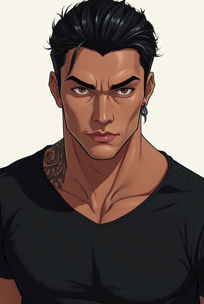 1man, solo, masculine face, black shirt, dark skin, light brown eyes, toned body, standing, black hair, 30s, mature, handsome, attractive, sexy, slicked back hair, tattoo, piercing, bad boy Styles: manhwa style, anime style, digital art, perfect art, perfect quality,