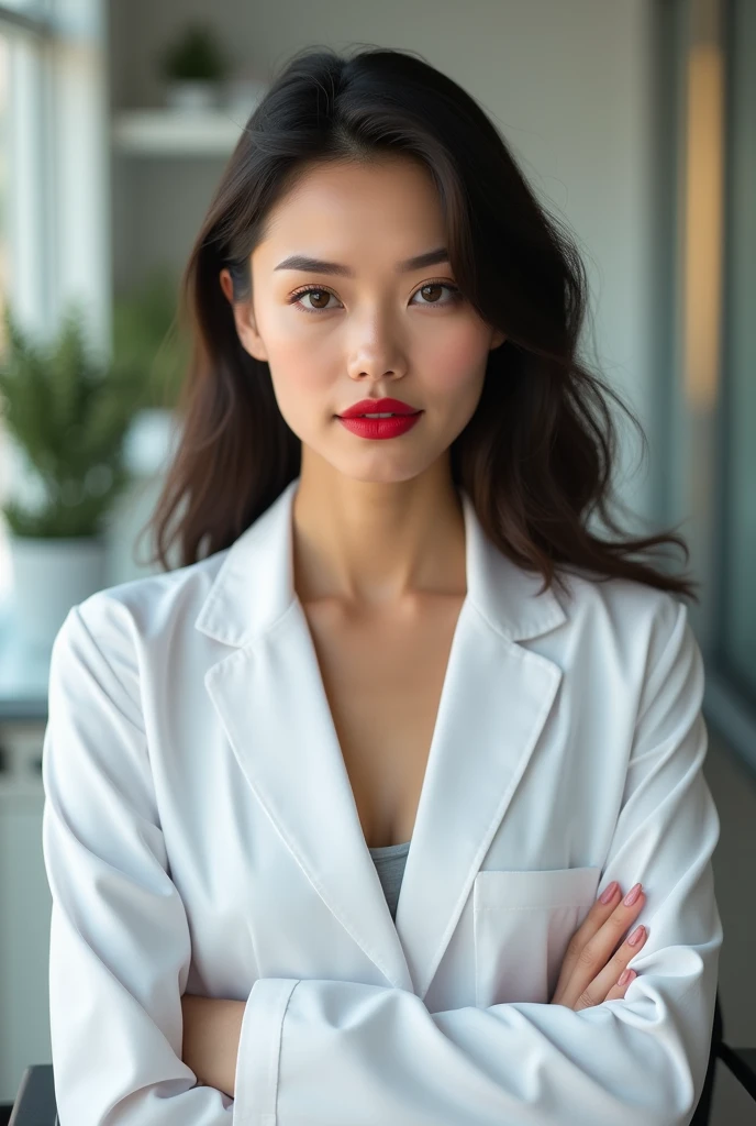 young woman, dark brown hair, brown eyes and striking red lipstick, very fair skin and well-defined eyebrows, with the background of a Nutrition office, she is sitting on the chair and wearing a white coat