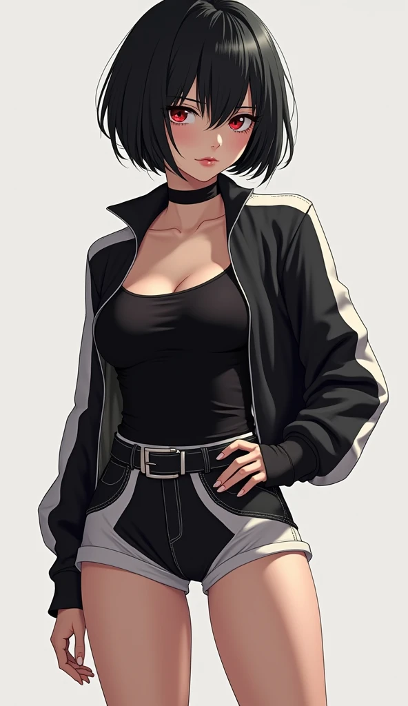 1 female, wearing a very sexy outfit, black long sleeve, black and white dolphin shorts, dark black short hair, emo look, sexy pose