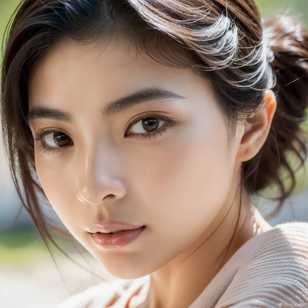 An ethereal and breathtakingly beautiful Japanese model and actress in her early 20s, depicted in an ultra-high-definition 4K close-up that reveals every intricate detail of her facial features. Her skin is hyper-realistic, showcasing a flawless complexion with a warm beige undertone that exudes a soft, natural glow. The skin texture is meticulously detailed, with visible yet refined pores, a subtle dewiness that captures the light perfectly, and a natural elasticity that conveys a soft, supple feel. Each tiny detail, from the barely-there peach fuzz along her jawline to the gentle flush of her cheeks, is rendered with astonishing precision. Her large, almond-shaped eyes are a deep, entrancing brown, with irises displaying complex color variations and reflections that give them a striking depth. The eyes are framed by perfectly arched brows and naturally curled, thick lashes that create delicate shadows on her upper cheeks. Her lips are naturally full and slightly parted, with a soft, velvety texture and a delicate sheen, capturing the light in a way that emphasizes their plumpness and smoothness. Her straight, glossy black hair frames her face, each strand individually defined, reflecting a soft, natural sheen that adds to the overall realism. The lighting is expertly calibrated, using a combination of diffused natural light and soft fill light to enhance the contours of her face, creating subtle, realistic shadows and highlights that bring out the texture of her skin and the depth of her features. Her expression is serene and confident, with a slight, enigmatic smile that adds an aura of sophistication and allure. The overall composition is designed to evoke a sense of ethereal beauty, with every element, from the finest details of her skin to the gentle fall of her hair, crafted to surpass human perception in realism.