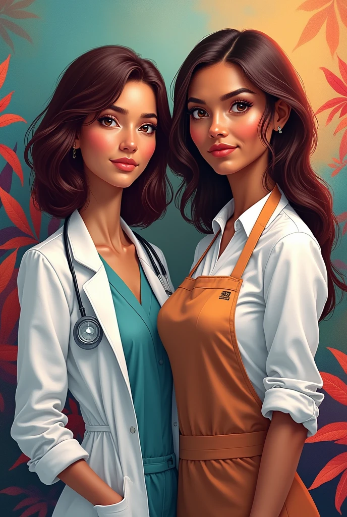 Gaby , high,  White skin,Dark brown hair, doctor and Marlen brown skin, vorgogne colored hair, slim, chef, love