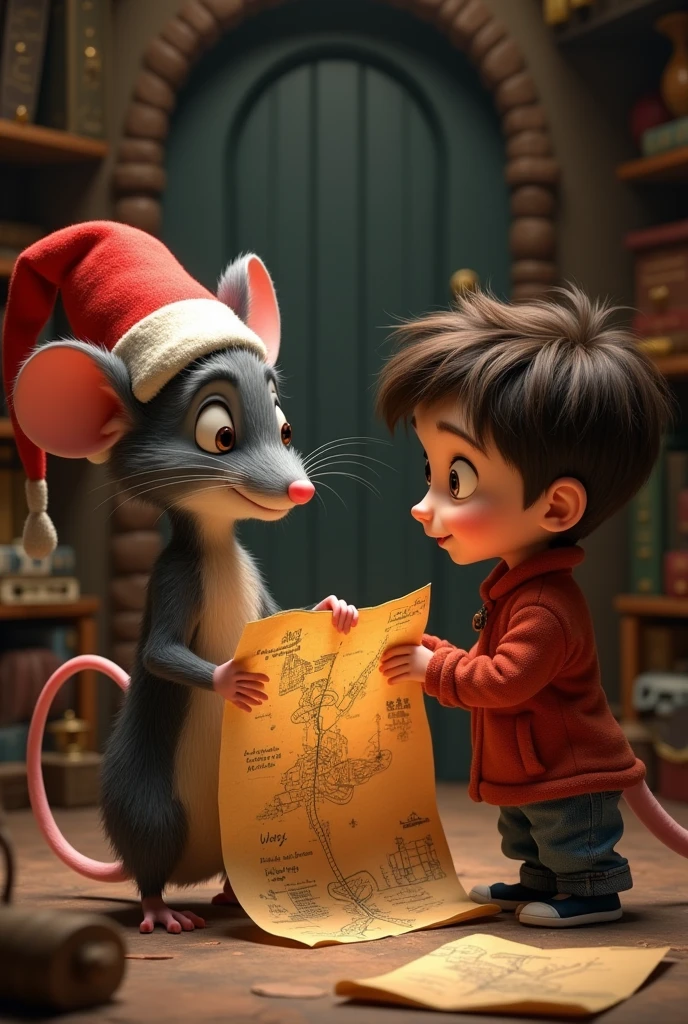 The Little Mouse in the Hat ((animal)), called Remy, talking to Leo ((Child boy)) while holding a small map with drawings indicating a secret path.