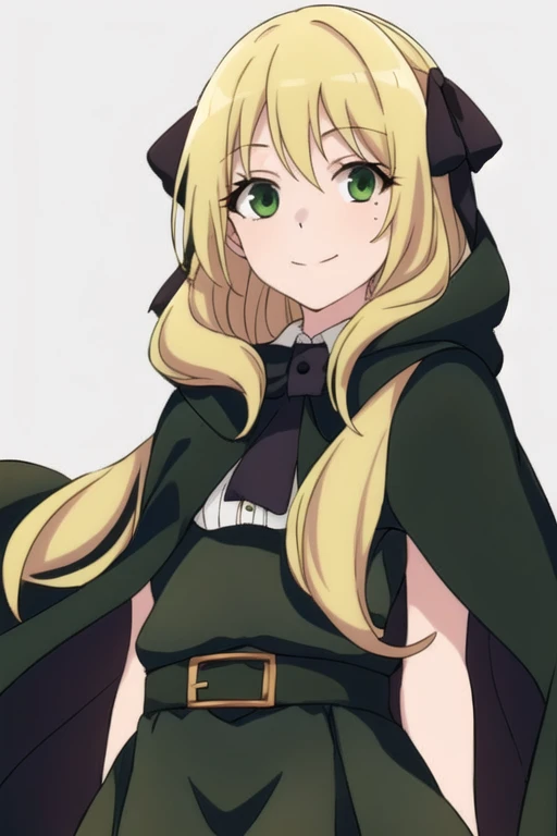 
olo, 1girl, esther rosenthal, smile, long hair, blonde hair, (green eyes:1.5), mole, mole under eye, black ribbon, black bow, hair ribbon, skirt, black cloak, cape, best quality, city 