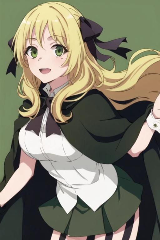 olo, 1girl, esther rosenthal, smile, long hair, blonde hair, (green eyes:1.5), mole, mole under eye, black ribbon, black bow, hair ribbon, skirt, black cloak, cape, best quality, city