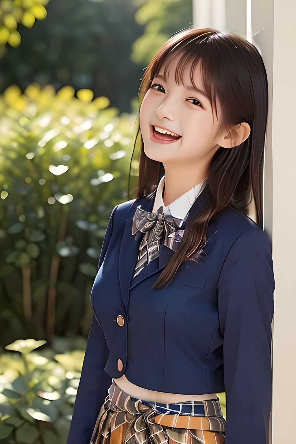(highest quality, masterpiece, high resolution:1.2), 4K, (Photo quality well detailed white white white face: 1.2), geometry, (16 yo cute girly Japanese sensitive weak girl with very detailed graceful cute smiling face is turning to me and looking me: 1.5), Laughing cutely, (Japanese school girly navy-colored blazer uniform: 1.4), (blue dark blue blue expensive pleated checkered school skirt inside the blazer: 1.6), (big sharp breast: 1.3), (Dark red glossy school ribbon on the breast: 1.0), (Extremely laughing cheeks: 1.0), (Beautiful pretty large laughing cute cute cute childish childish laughing cutely laughing eyes with detailed and balanced well: 1.4), (Double eyelids: 1.0), (Long bottom eyelashes: 1.2), (Glossy very wet lips: 1.0), (Super-straight hair, extremely very long hair which reaches her waist: 1.3), (plain light orange-colored wall paper with cute white heart marks), (White-Orange-Colored background with many white lovely heart marks: 1.0)