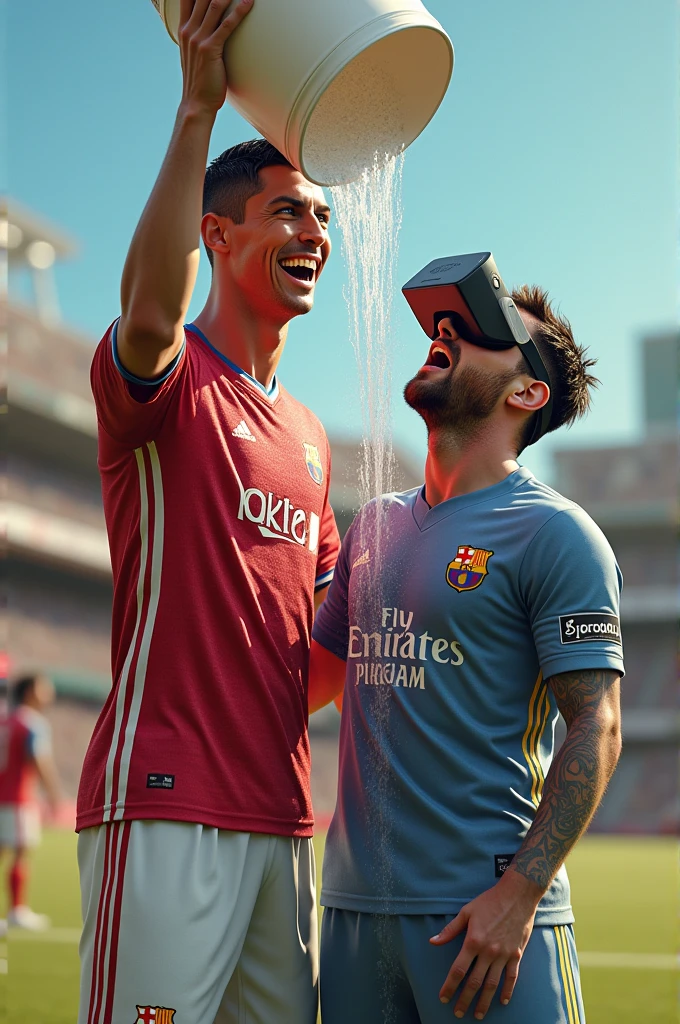 Cristiano Ronaldo with a bucket of water laughing next to Messi and Messi has virtual reality glasses