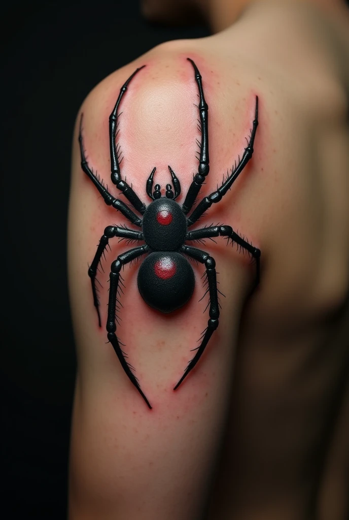 Tattoo of a black widow style spider climbing on the right side of the back in a realistic and dark style in a small size